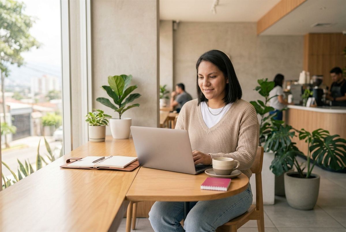 Una persona joven revisa su hoja de vida en una laptop en una cafetería luminosa.
